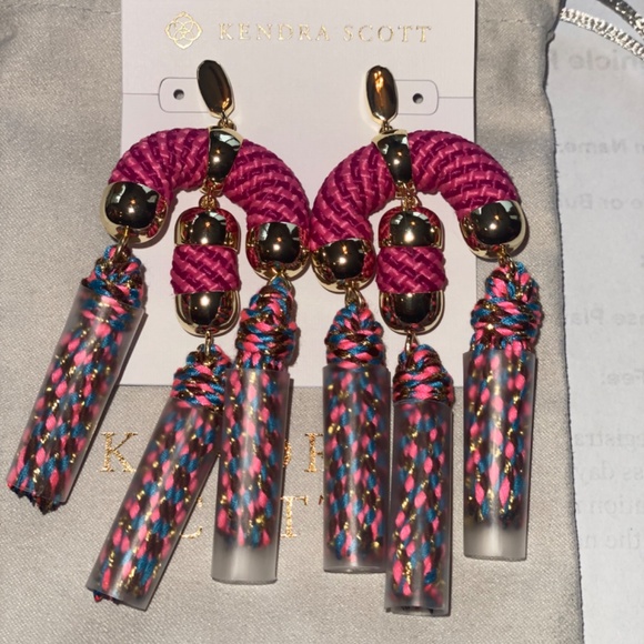 REG $150 GORGEOUS BRAIDED CORD STATEMENT EARRINGS WITH TASSELS - GOLD PINK MIX - Picture 2 of 7